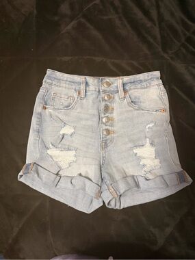 Light Wash High-Rise Distressed Denim Shorts with Button Fly